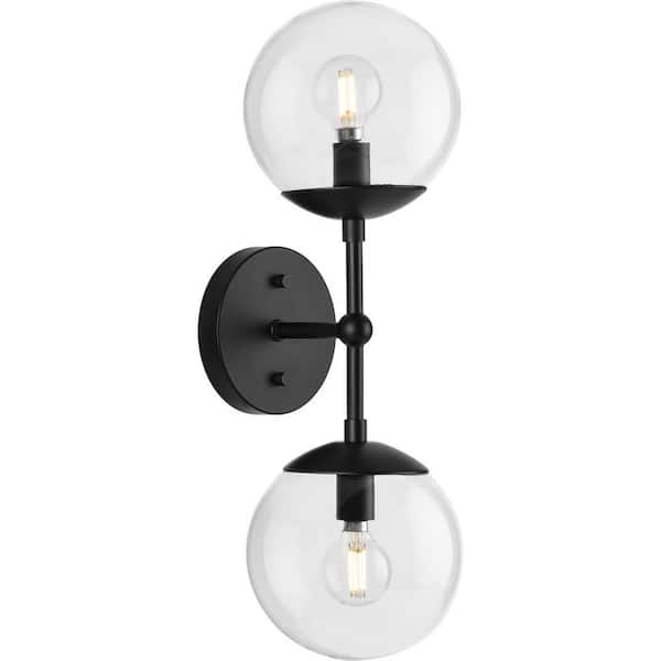 Atwell Collection 6 in. 2-Light Matte Black Mid-Century Modern Wall Sconce with Clear Glass Shade