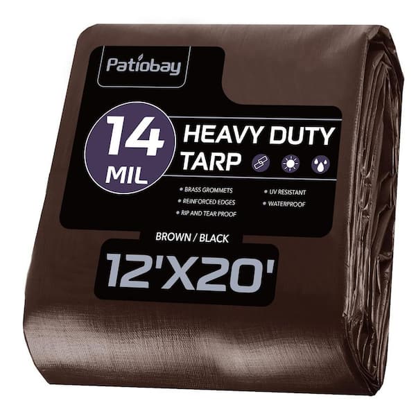 Angel Sar 12 ft. x 20 ft. 14 Mil Heavy Duty Waterproof 420D Plastic Tarp with 23.6 in. Grommets for Outdoor, Brown and Black