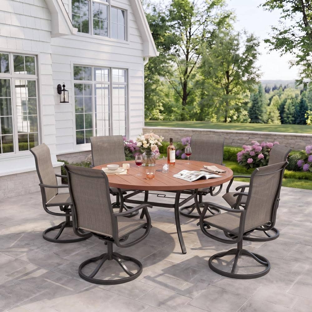 7-Piece Metal Outdoor Patio Dining Set with Round Table and High Back Padded Textilene Swivel Chairs in Brown price history on PriceWatchPro