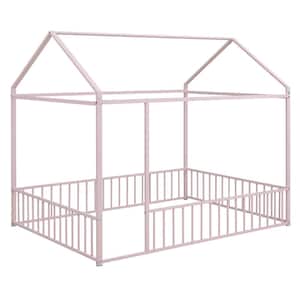 Pink Full Size Metal House Bed Floor Bed with Fence Guardrails