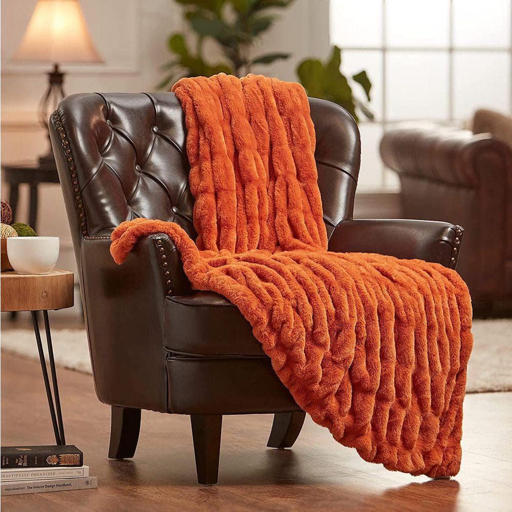 小物 HERILL Goldencash Blanket CHANASYA Ruched Orange Faux Fur Reversible Minky Throw Blanket, 50
