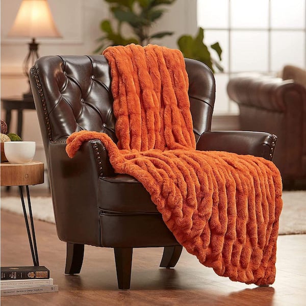 Ruched Orange Faux Fur Reversible Minky Throw Blanket, 50 x 65 Inches
