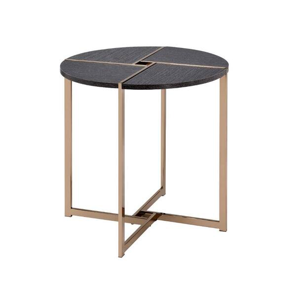 Benjara 24 in. Gold and Gray Round Wood End Table with Metal Legs