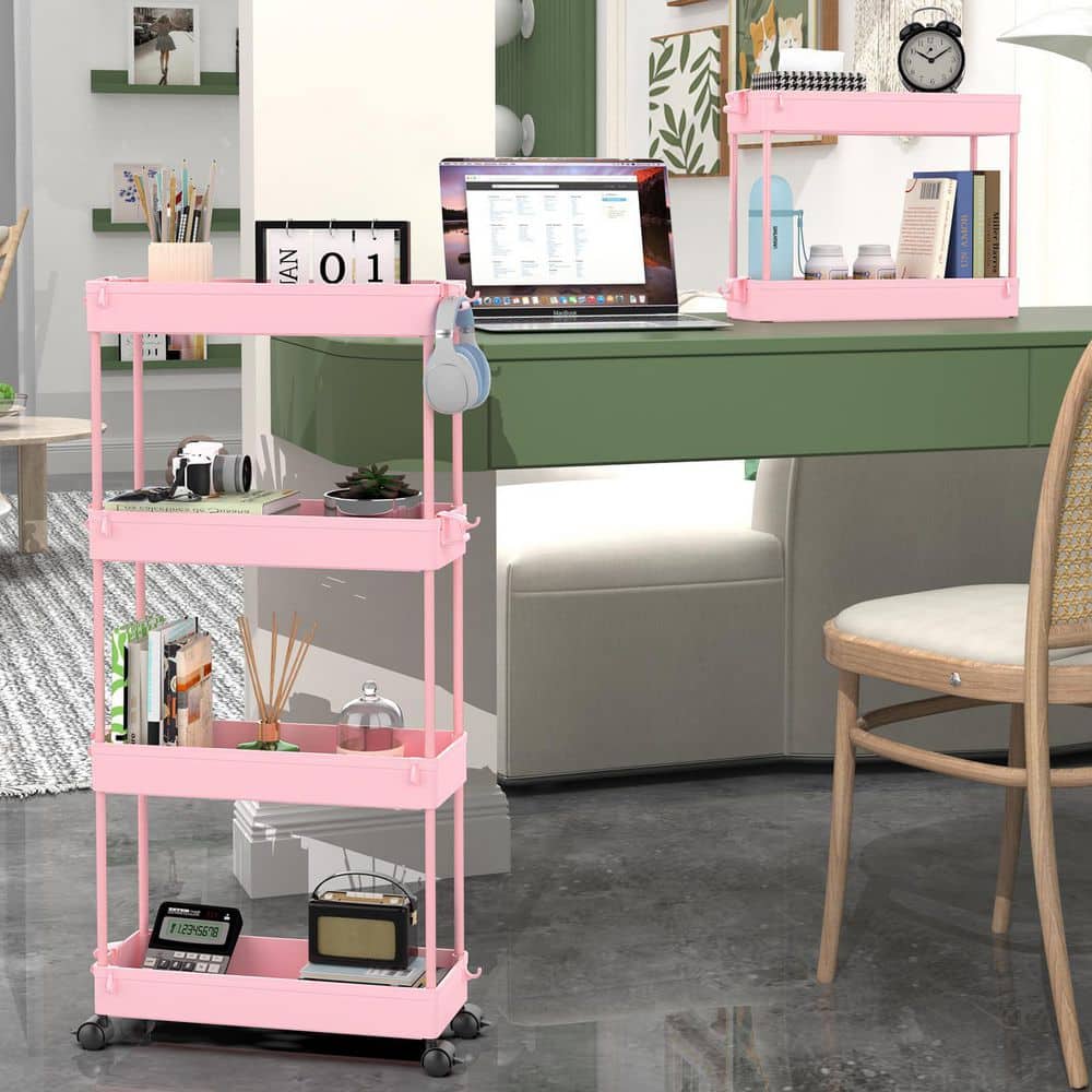 4-Shelf Plastic Slim Rolling Storage Cart with Lockable Wheels and Side Hoops, Mobile Shelving in Pink