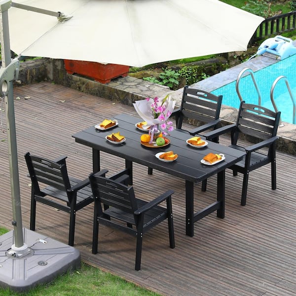 ann and hope patio dining set with led light umbrella 5-Piece HDPE Outdoor Patio Dining Set, 1 Table & 4 Chairs, Waterproof,  Umbrella Hole, All-Weather for Lawn Garden S00001