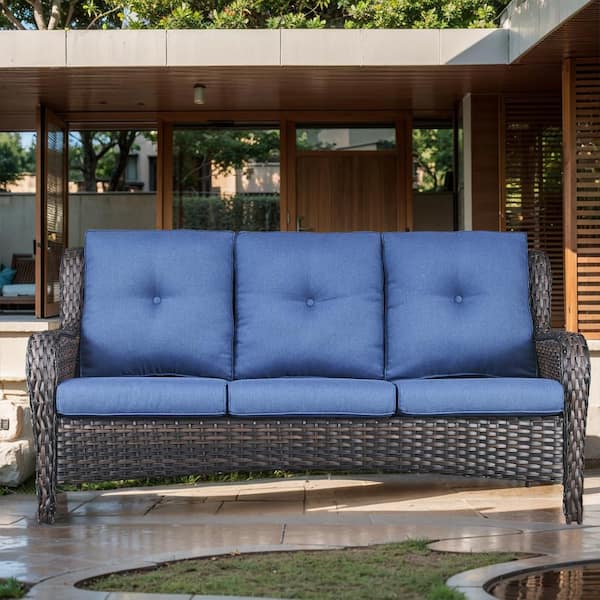 3 Seat Wicker Outdoor Patio Sofa Couch with Deep Seating and Cushions, Suitable for Porch Deck Balcony (Brown/Blue)
