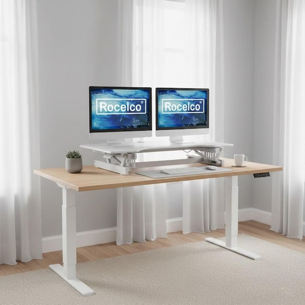 ROCELCO 40 in. W White Height Adjustable Standing Desk Converter Dual ...