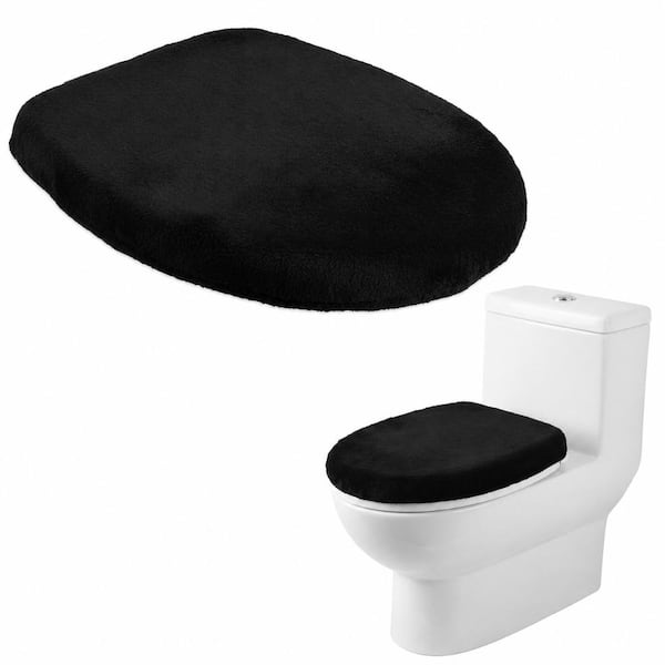 Black Velvet Toilet Lid Cover 15.75 x 10.63 in. Soft Polyester Plush Elastic Edge Machine Washable Cover,