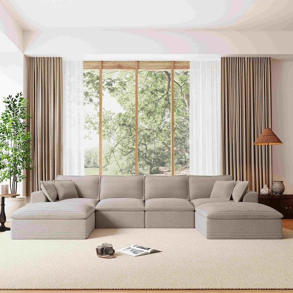142 in. Square Arm Chenille Sectional Sofa with Ottomans, Extra Width&Depth Cloud Like Soft Cushion in. Light Gray