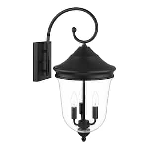 Russo 24 in. 3-Lights Matte Black No Motion Sensing Traditional Oversized Outdoor Wall Sconce with No Bulb