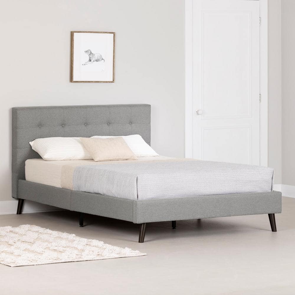 Soft Gray Full Upholstered Platform Bed with Headboard and Slats