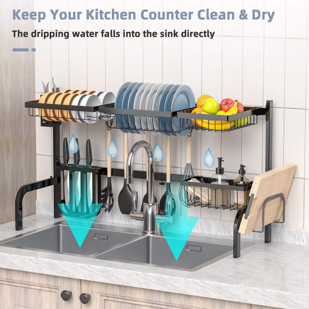 Adjustable Black Steel Over Sink Dish Drying Rack with Hooks