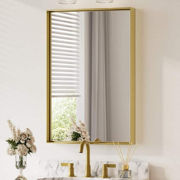 KeonJinn 24 in. W x 36 in. H Framed Brushed Gold Mirrors for Bathroom Wall Square Corner Bathroom Vanity Mirror Over Sink