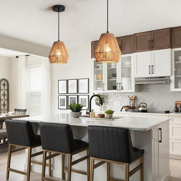 1-Light Gold Drum Hanging Pendant Light with Brown Paper Rattan Shaded for Kitchen Island, No Bulbs Included
