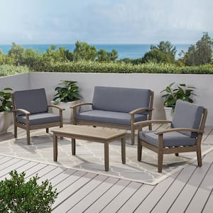 Peyton Gray 4-Piece Wood Outdoor Patio Conversation Set with Dark Gray Cushions