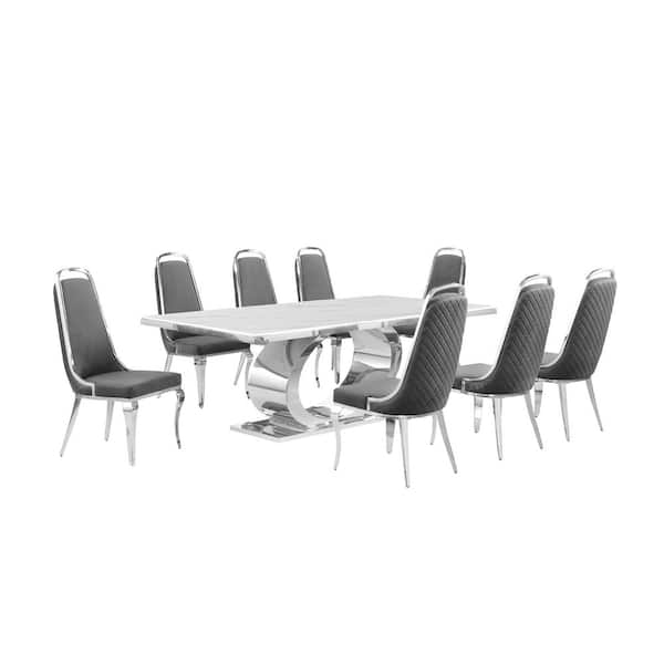 Ibraim 9-Piece Rectangle White Marble Top with Stainless Steel Base Dining Set with 8 Dark Grey Velvet Chrome Iron Chair