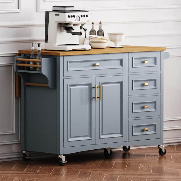 52 in. Gray Blue Embossed Texture Kitchen Cart with Drop Leaf, Wheels, Spice Rack, Towel Rack, Doors, and Drawers