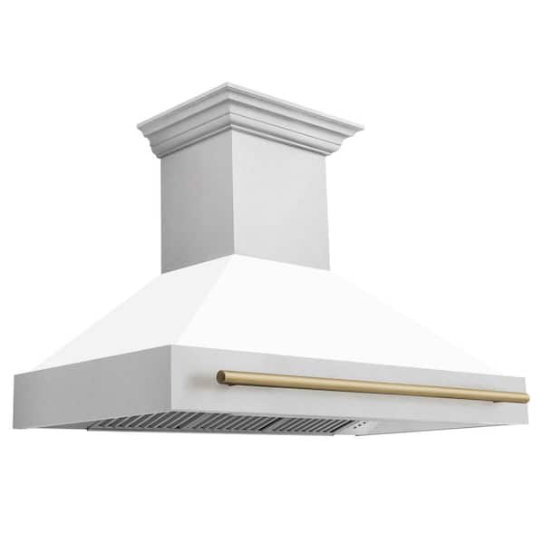 Autograph Edition 48 in. Satin Stainless Steel Wall Mount Range Hood with White Matte Shell and Champagne Bronze Handle