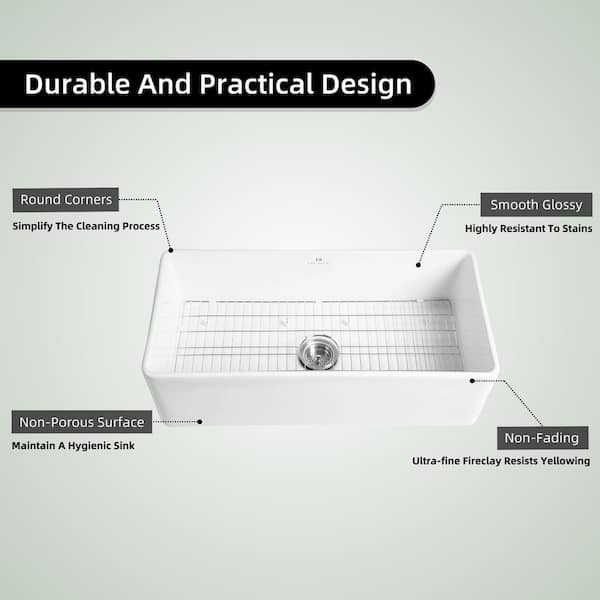 36 in. Apron Front Farmhouse Sink, White Durable Fireclay Kitchen Sink, With Custom Bottom Grid And Strainer Drain