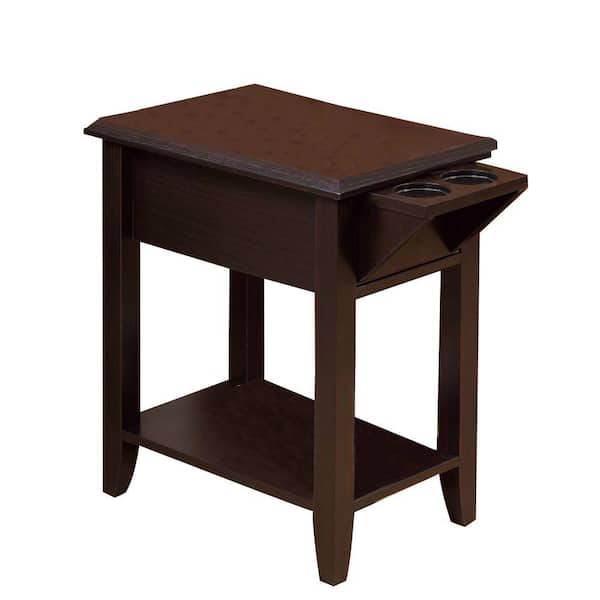 Benjara Brown Wooden Chair Side Table with 2-Cup Holders