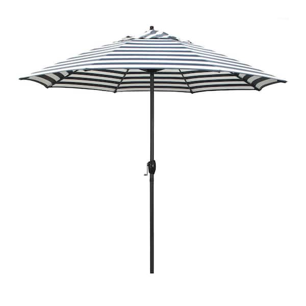 California Umbrella 9 ft. Black Aluminum Market Patio Umbrella Auto Tilt in Navy White Cabana Stripe Olefin