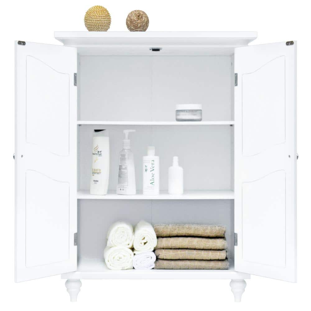 White Wooden Cabinet with Adjustable Shelves and Engraved Doors
