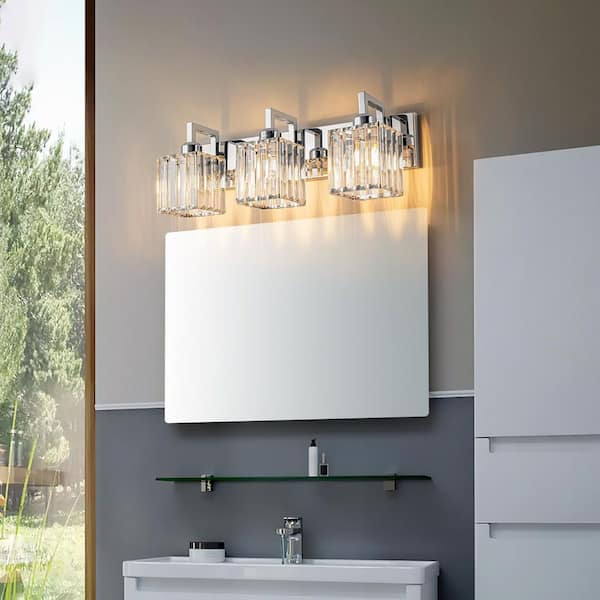 Home Lighting 20.47 in. 3-Light Chrome Modern Crystal Vanity Lights Wall Sconces for Bathroom