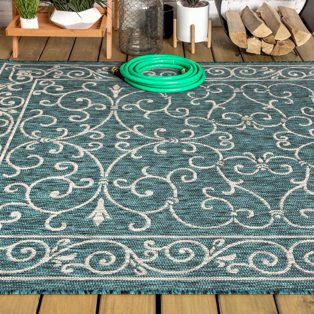 Teal & Gray Vintage Boho-Chic Filigree 9'x12' Indoor/Outdoor Rug