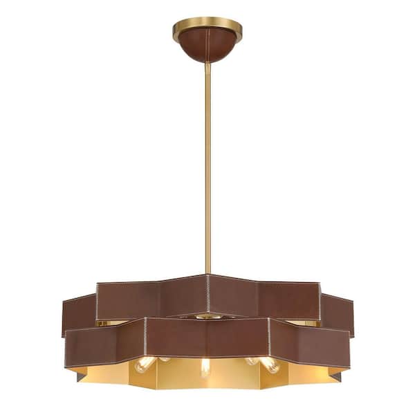 Savoy House Atherton 60-Watt 24 in. W x 6 in. H 5-Light Warm Brass Pendant Light with Natural Leather Shades, No Bulbs Included