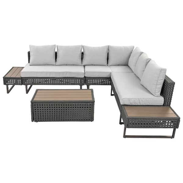 KandK 6-Piece Diamond Wicker Outdoor Sectional Set with Grey Deep Cushions