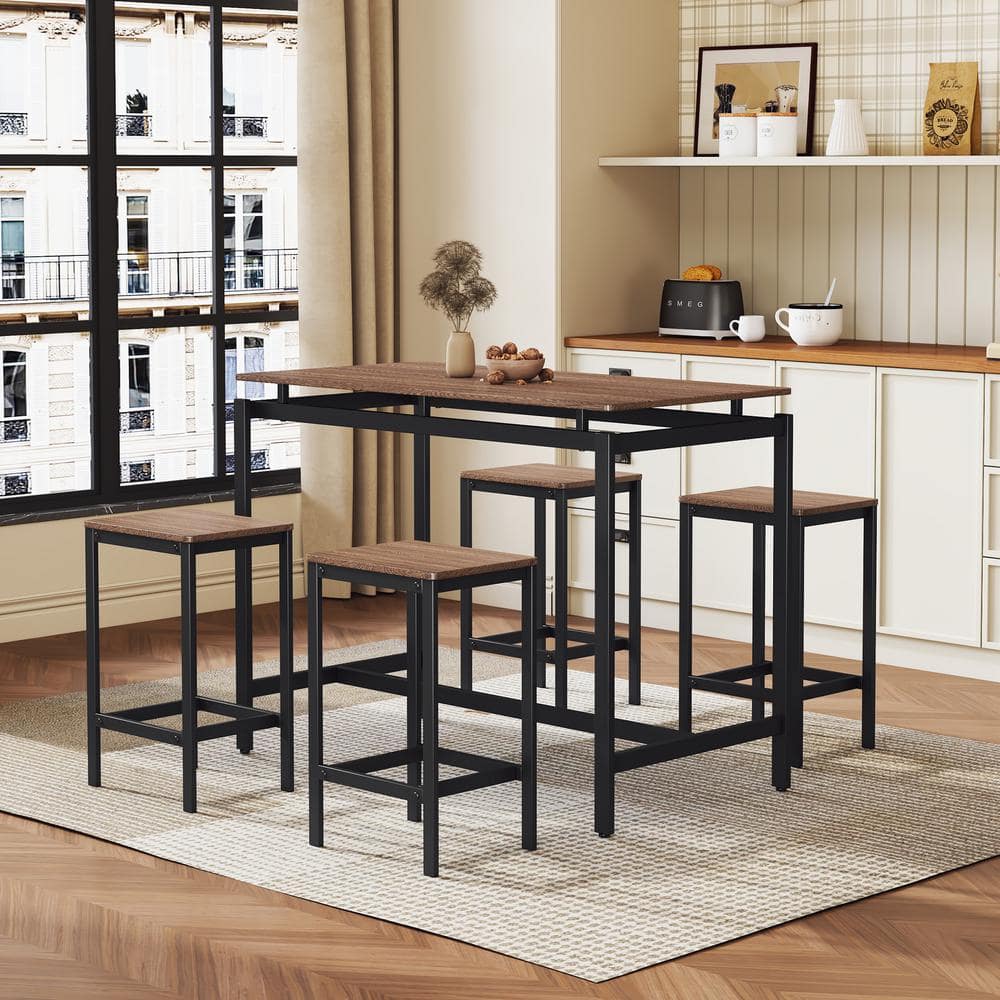 5 Pieces Dark Brown Metal Bar Table Set with Table and Stools Outdoor Dinin