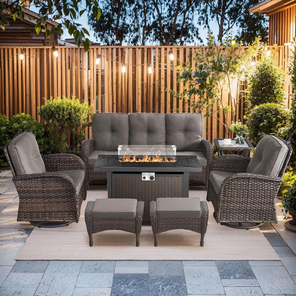 Rotavia Brown Wicker 7-Piece Outdoor Rectangular Fire Pit Table Patio Conversation Swivel Chair Set with Gray Cushions price history on PriceWatchPro