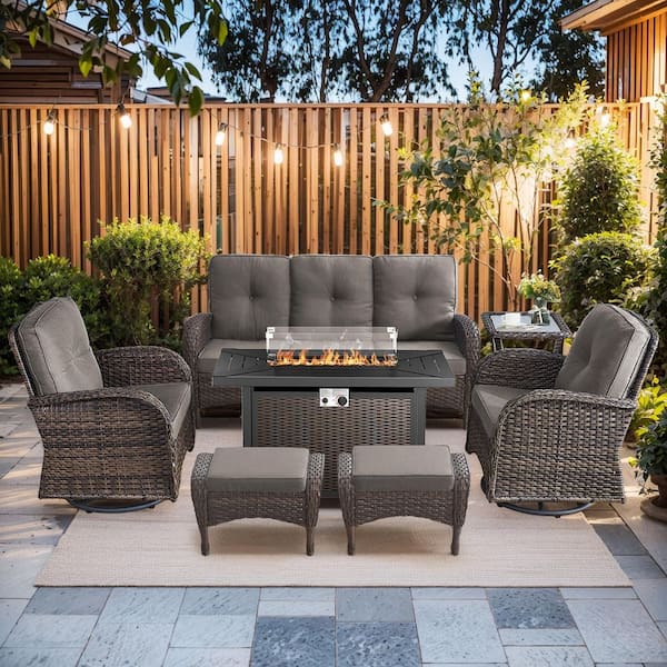 Rotavia Brown Wicker 7-Piece Outdoor Rectangular Fire Pit Table Patio Conversation Swivel Chair Set with Gray Cushions