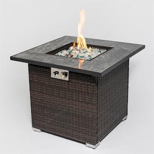 29.92 in. W x 24.80 in. H Dark Brown Outdoor 50000 BTU Square PE Wicker Propane Gas Fire Pit Table with Glass Windshield
