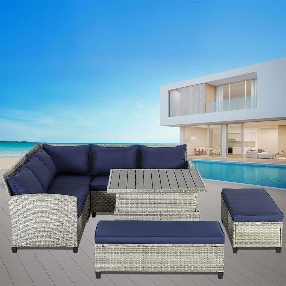 6-Piece Gray Wicker Outdoor Sectional Sofa with Blue Cushion and height-adj