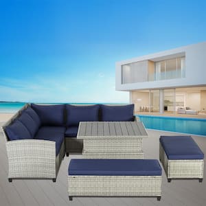 6-Piece Gray Wicker Outdoor Sectional Sofa with Blue Cushion and height-adjustable table for Backyard, Garden, Poolside
