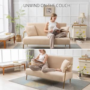 2 Seater Sofa Love Seat Couches Comfy Teddy Velvet Loveseat Sofa with 2 Pillows (Beige)