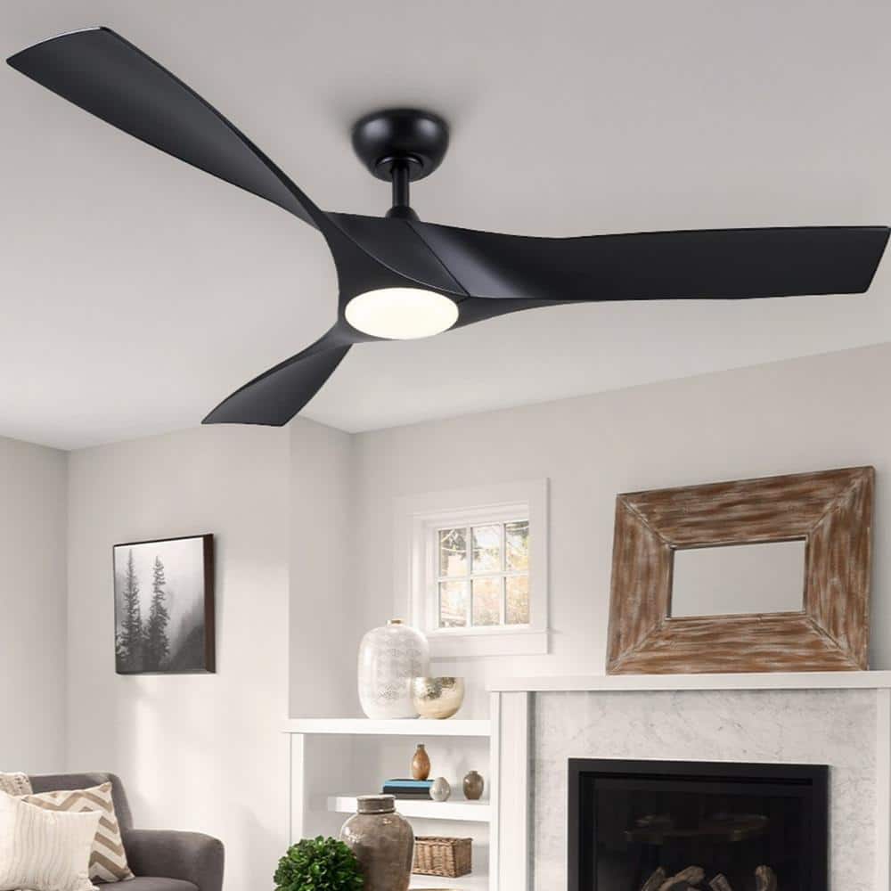 52" Black Modern Ceiling Fan with Dimmable LED Light and Remote