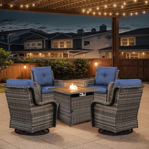 Gray 5-Piece Wicker Patio Fire Pit Set, Outdoor 4-Person Seating Set with Olefin Navy Blue Cushions and Swivel Rockers