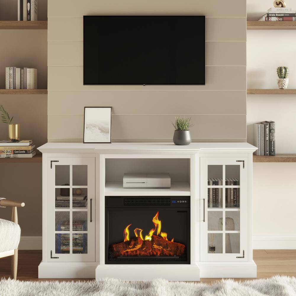 White 65-Inch TV Stand with Electric Fireplace and Cabinets