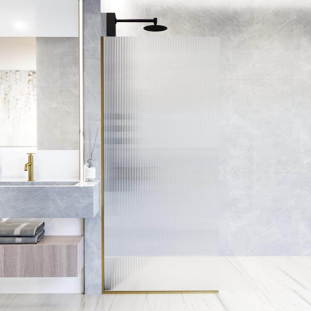 Zenith 34" Matte Gold Frameless Fluted Glass Shower Screen