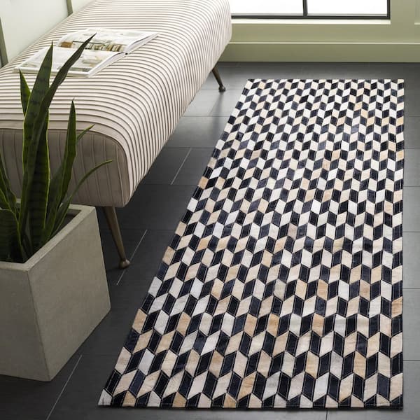 Studio Leather 2 ft. x 7 ft. Ivory/Black Geometric Striped Runner Rug