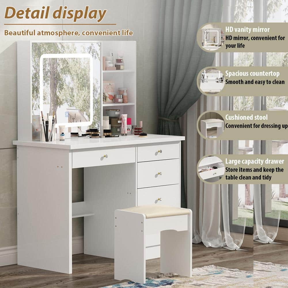 39.4 in. W White LED Dimmable Mirror Dresser Dressing Table with 5-Drawers, Stool and Storage Shelves - thumbnail 6