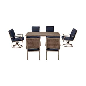 Geneva Brown Wicker Outdoor Patio Stationary Dining Chair with CushionGuard Midnight Navy Blue Cushions (2-Pack)
