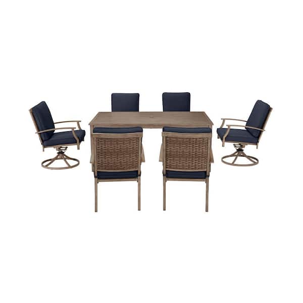 Hampton Bay Geneva 7-Piece Brown Wicker Outdoor Patio Dining Set with CushionGuard Midnight Navy Blue Cushions