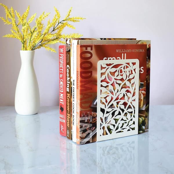 Afoxsos 2-Piece White Decorative Metal Bookend with Infinite Leaves Design and Non-Slip Rubber Pads for Home and Office
