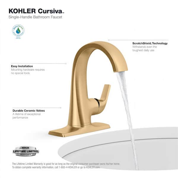 Cursiva Single Handle Single Hole Bathroom Faucet in Vibrant Brushed Moderne Brass