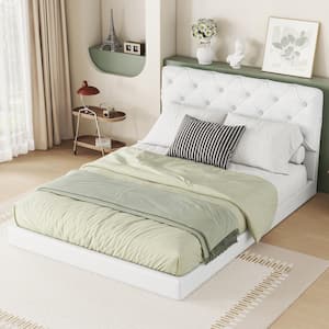 Button-Tufted White Wood Frame Queen Size PU Leather Upholstered Platform Bed with Support Legs