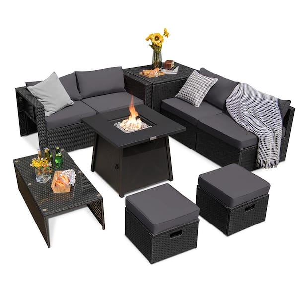 Costway 9-Piece Wicker Furniture Patio Conversation Set Fire Pit SpaceSaving with Cover Grey Cushion Cover