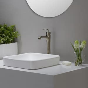 Elavo Series Square Ceramic Semi-Recessed Bathroom Sink in White with Overflow and Pop Up Drain in Brushed Nickel